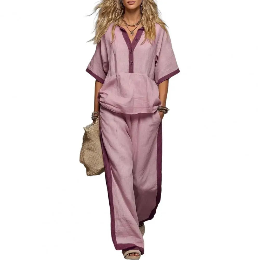 Women Cotton Linen Set, Summer V-Neck Loose Fit & Elastic Waist Palazzo Pants 2-Piece Outfit, Casual Top and Wide Leg Trousers