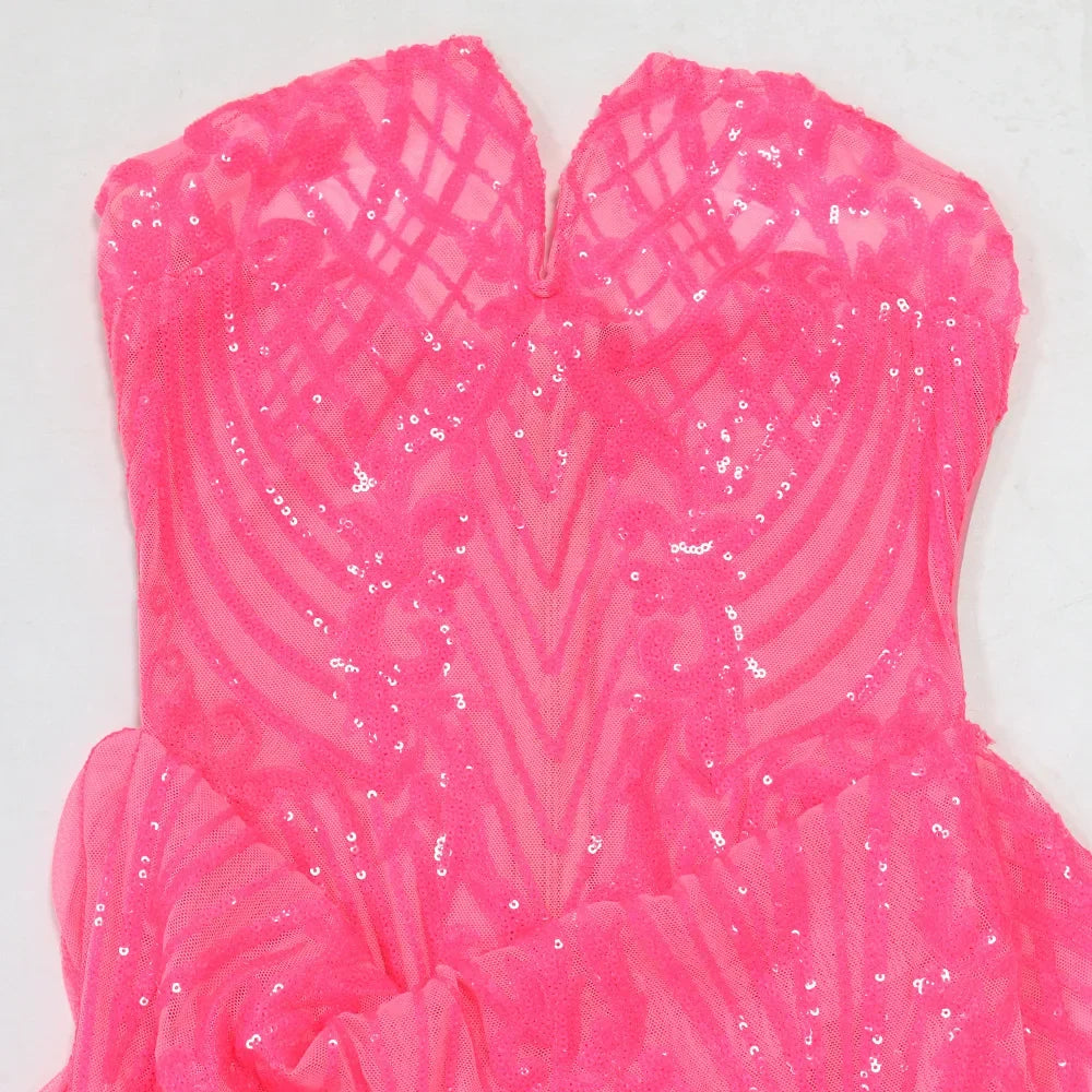 CM.YAYA Women Strapless V-neck Fashion Sequined Sexy Dress Mesh See Through 2024 Summer Night Club Evening Party Mini Dresses