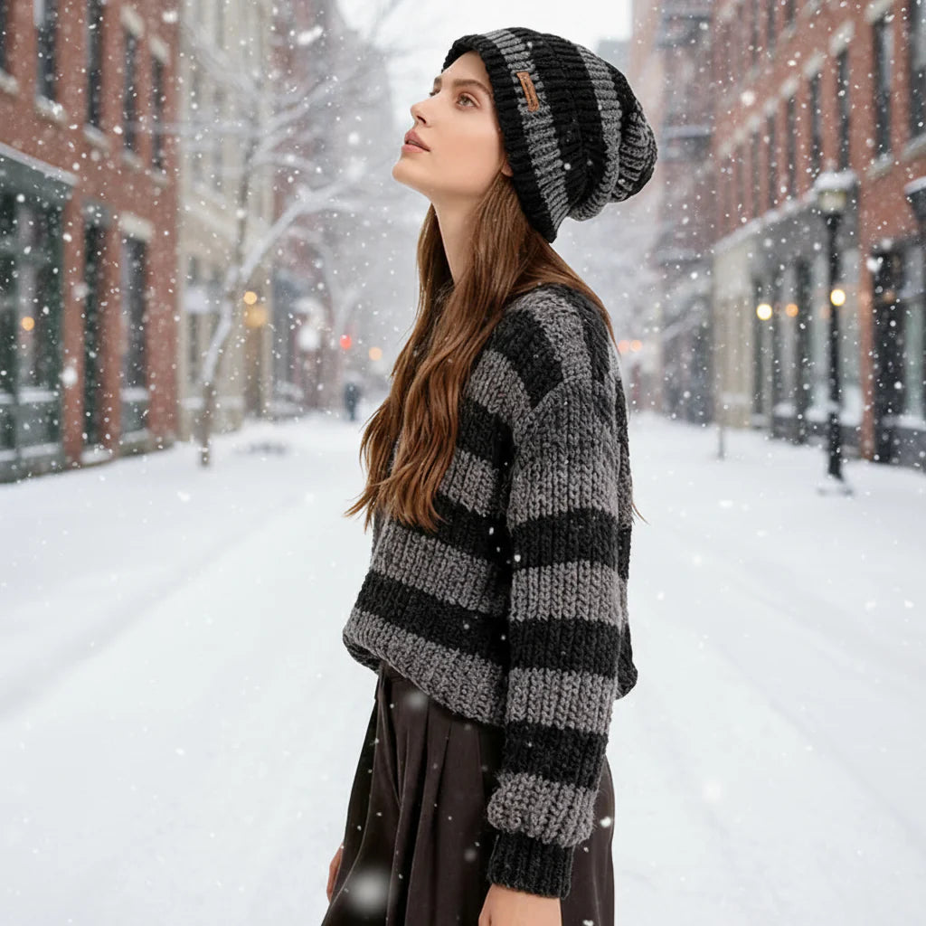 Gorro de punto apilable unisex – Gorro tipo bonete hip-hop a rayas cálido de invierno