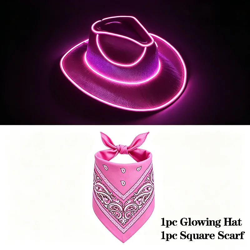 EL Wire Glowing  Cowboy Hat Square Bandana Scarf Set Neon Light Up Hat for Women Men Halloween Rave Party Cosplay Costume Outfit