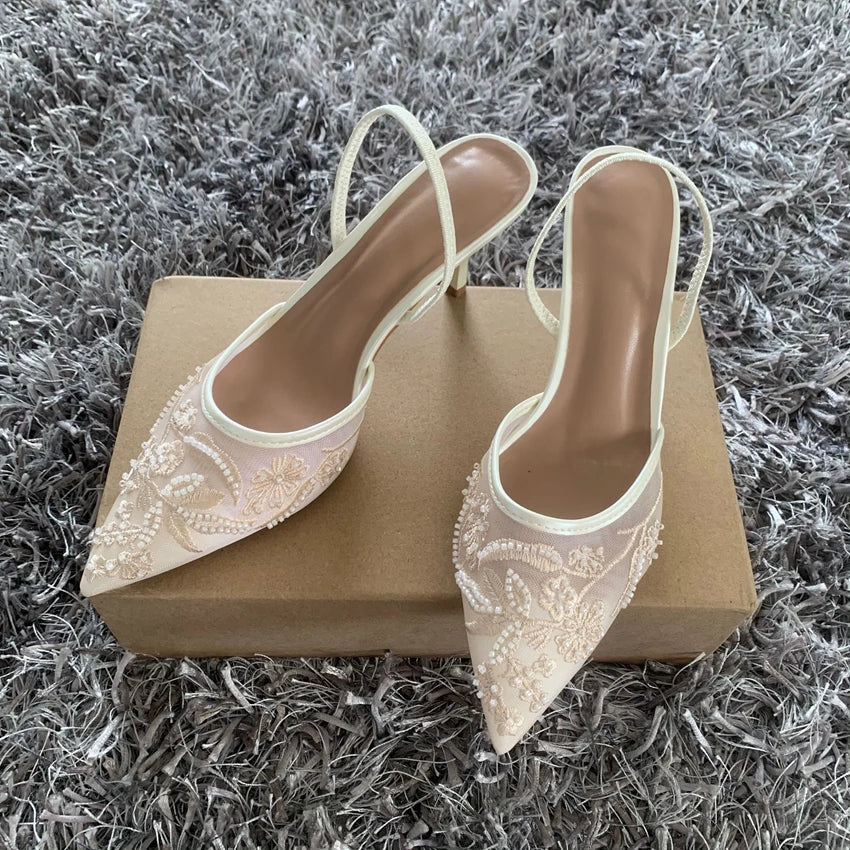 Black Embroidered Mesh Slingback High Heels Sandals for Women Designer Shoes Woman Elegant Style Wedding Party Pumps