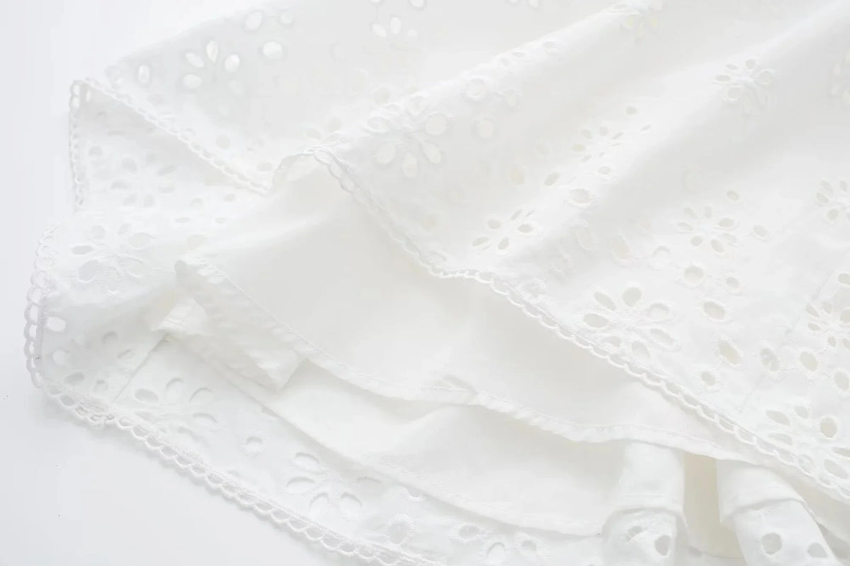 Foridol Lace Summer White Dress Women Puff Sleeve Embriodery Waist Cut Out Beach Short Sexy Cotton Dress Backless 2025 Sundress