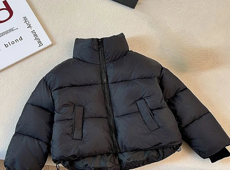 2025 Winter Girls Rhinestone Puffer Jacket Korean Star-Studded Fashion Coat Glitter Zip-Up Quilted Down Jacket