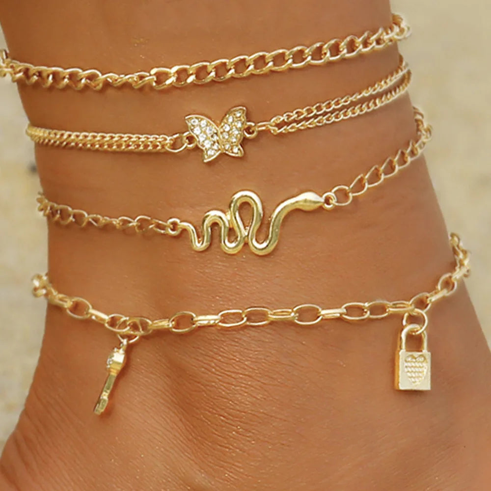 Bohemia Butterfly Anklet Set for Women Star Heart Pearl Charm Ankle