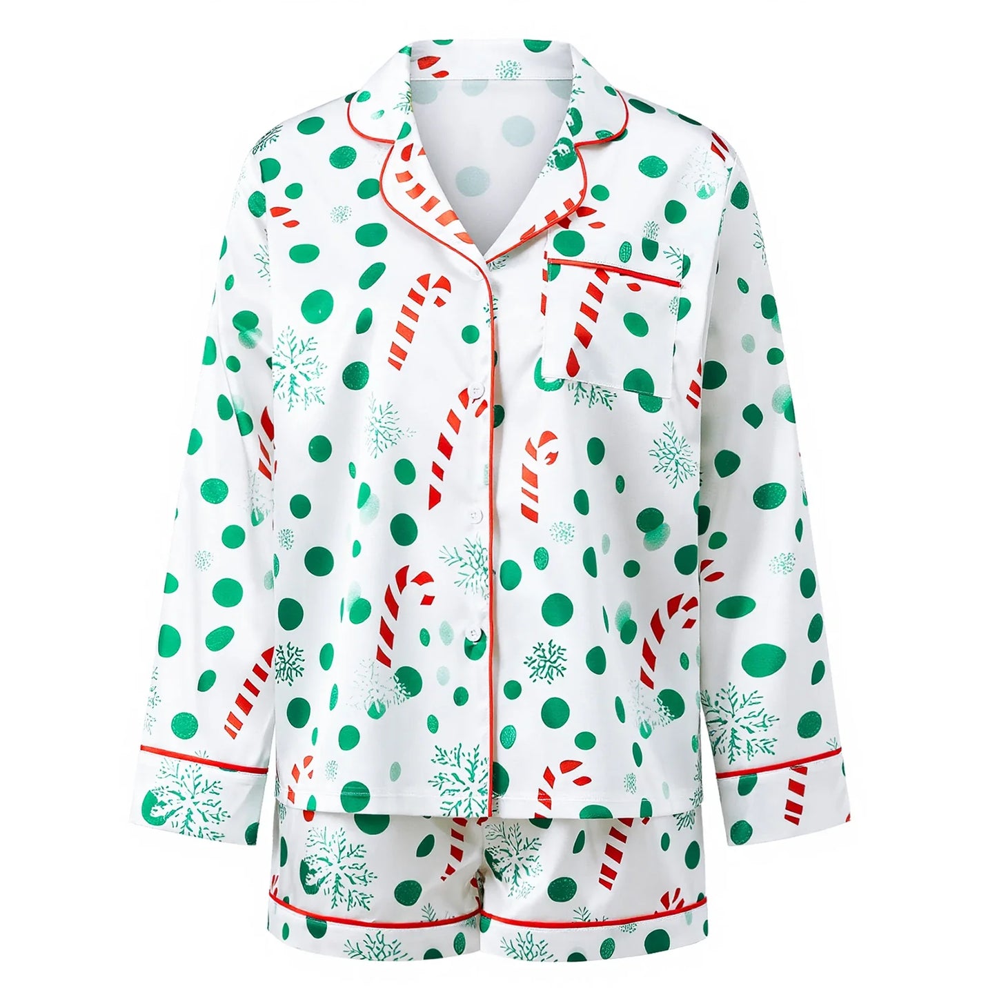 Women Satin 2 Piece Christmas Pajama Set Printed Long Sleeve Button-up Tops and Elastic Waist Shorts Summer Fall Sleepwear