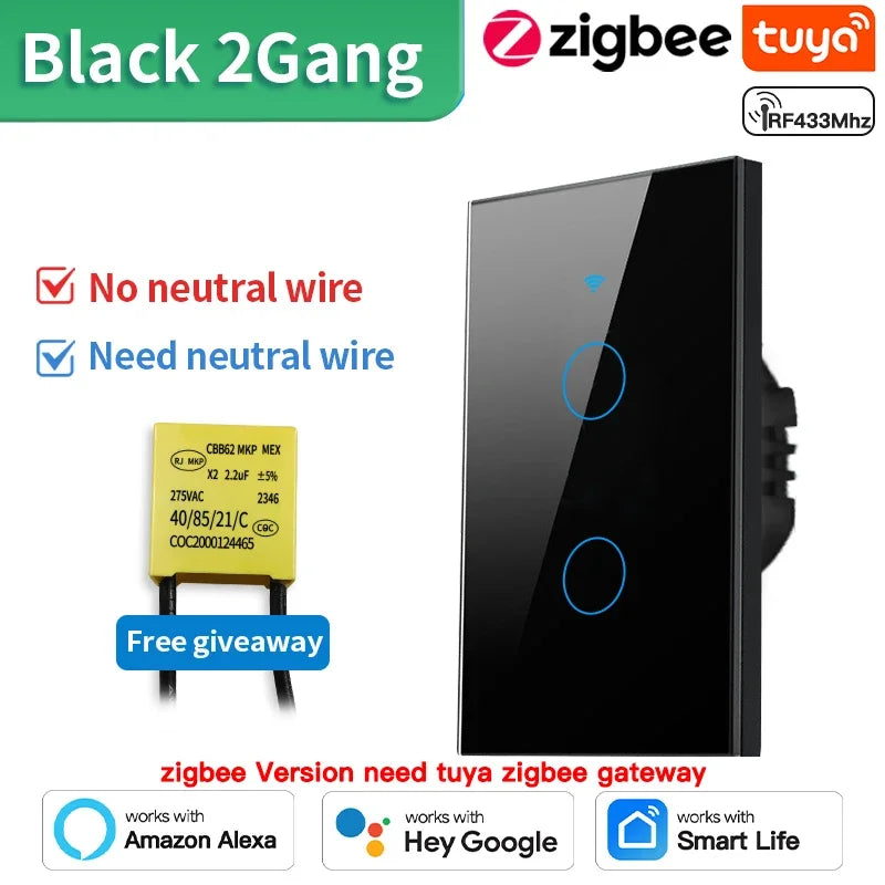 TNCE Tuya US Switch wifi zigbee, 1/2/3/4 gang, No-Neutral/Wire LED light control Wall Button, smart voice with Alexa Google Home