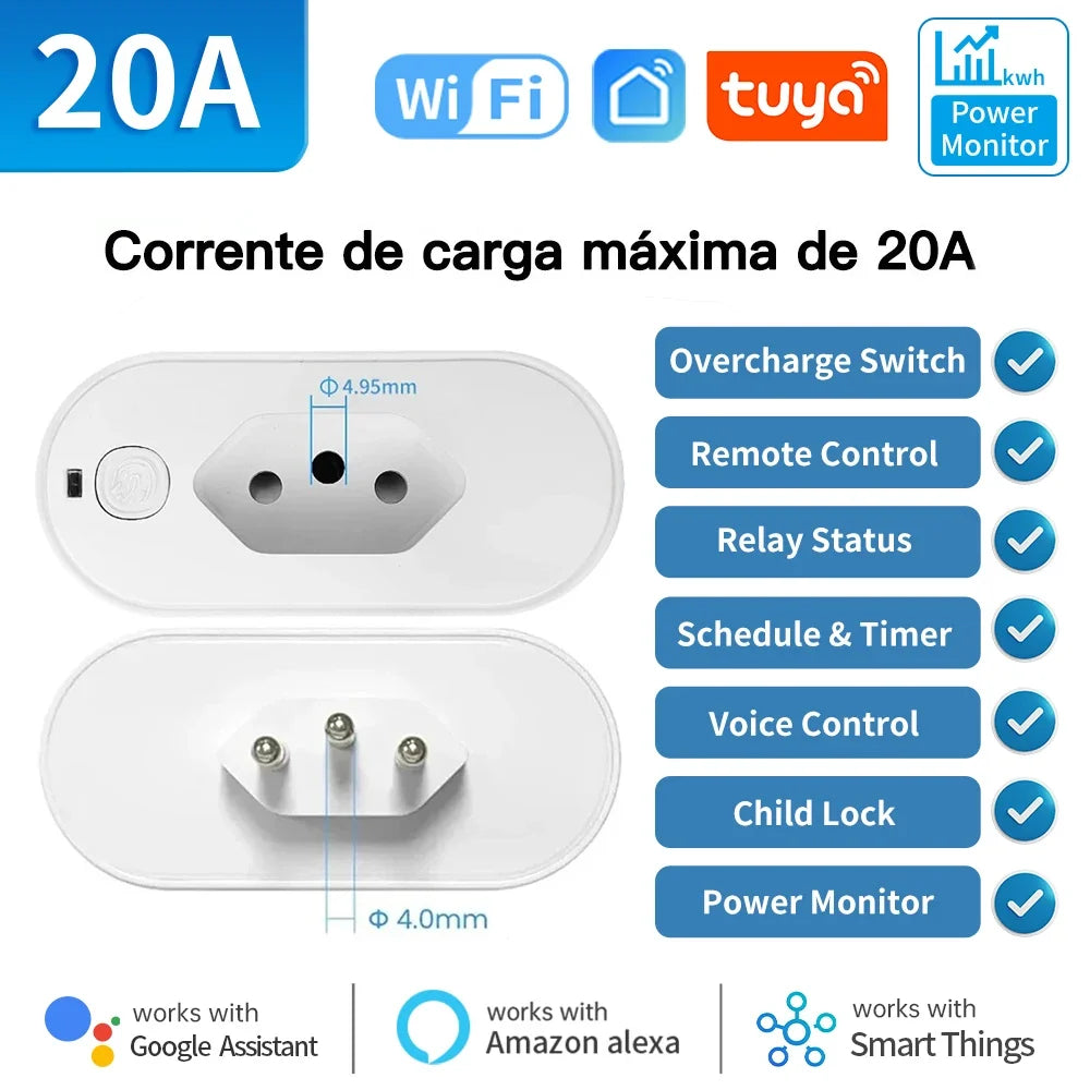 TNCE Tuya Brazil Plug 16/20A wifi or Zigbee3.0, socket with Power Monitor, Smart Life APP Remote control Voice Google Home Alexa