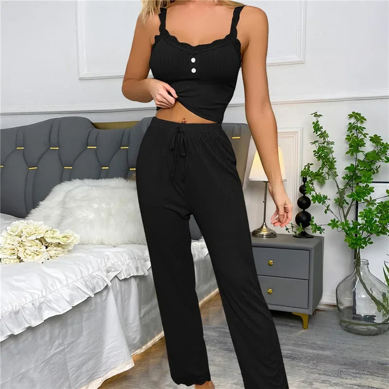 Autumn Winter Two Pieces Pajamas Set for Women Sleepwear Lace Suspenders Tops and Long Trousers Pijamas Loungewear