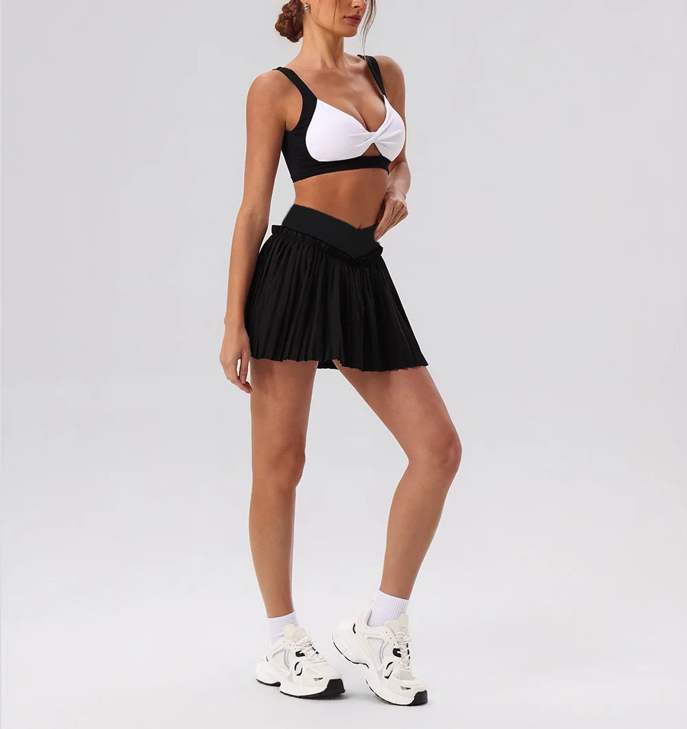 Tight Yoga Sets Women's Tracksuit Sexy Color Contrast Hollow Out Sports Bra High Waist Pleate Tennis Short Skirt Fitness Suits