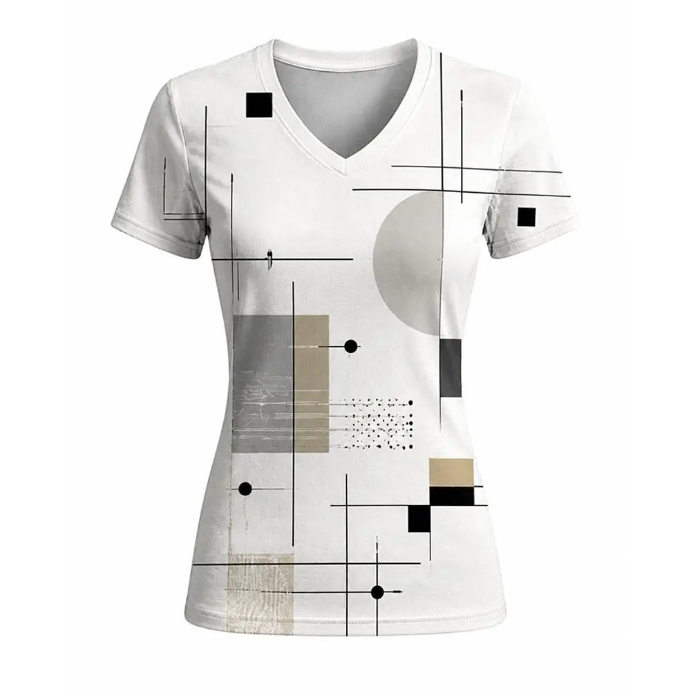 Women's Geometric Abstract Print V-Neck T Shirt Daily Casual Commuting Short Sleeve Tops Summer Street Vintage Slim Fit Tees