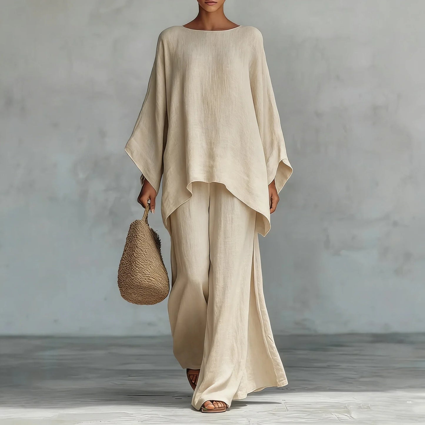 Women's Elegant Loose Round Neck Top Wide Leg Pants Set Casual Simple Long Sleeve Solid Color Two-Piece Set