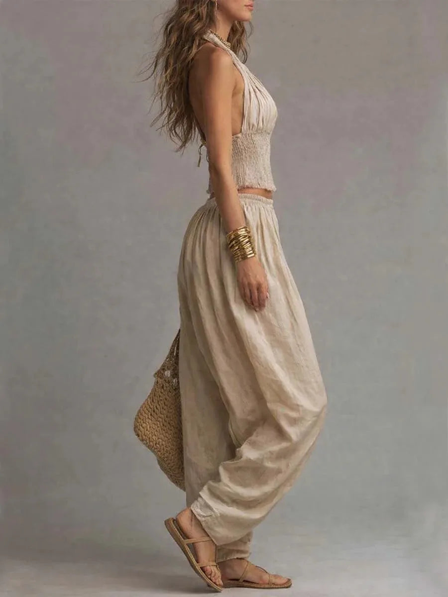 Summer Women Fold Waist 2PCS Boho Outfit Halter Neck Crop Top+Wide Leg Pants Set Casual Summer Beach Linen Matching Sets