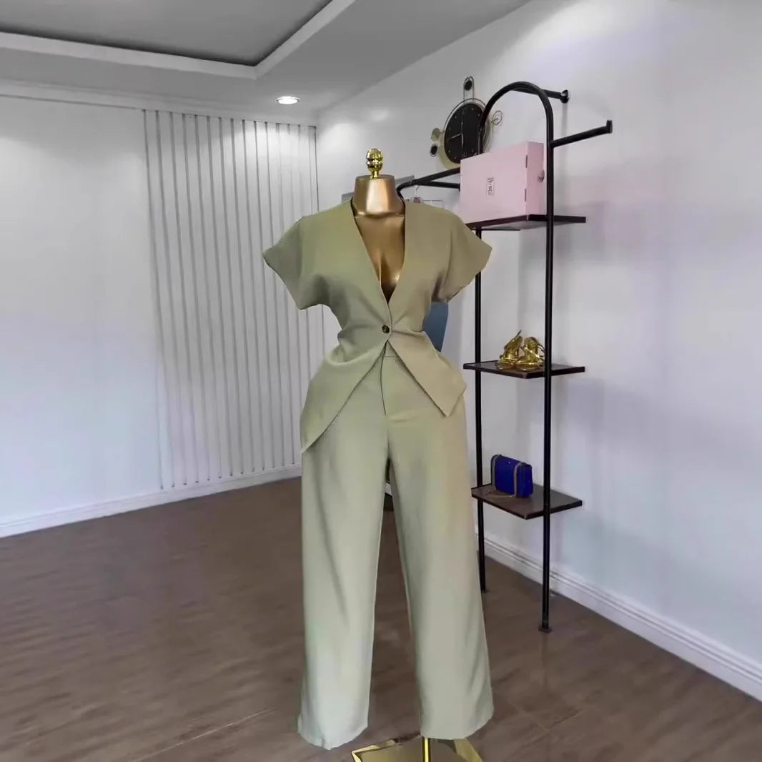 Women Pant Set Two Piece Sets V Neck Short Sleeve Tops Wide Leg Long Pants High Waist Y2k Streetwear Elegant Summer 2026