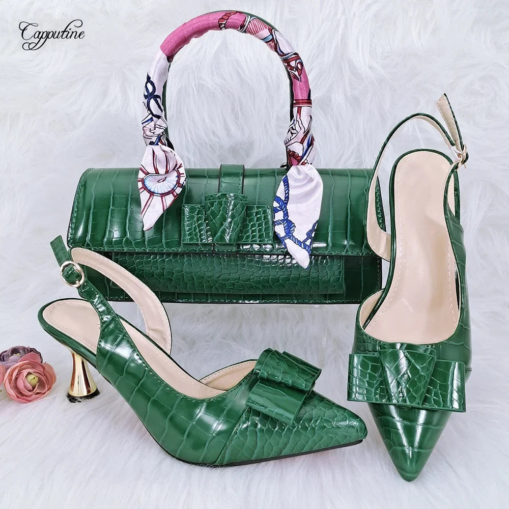 Green Women Shoes And Bag Set African Ladies High Heels Pumps Match With Handbag Sandals Clutch Escarpins Femmes Sandales YM2302