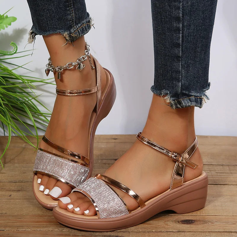 2025 New Women Sandals Luxury Sexy Women's Sandals Summer Platform Wedges Shoes Women Fashion Gold Silver Sandalias Size 35-43