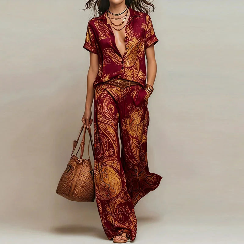 Vintage Printed Two Piece Suits Women Glossy V Neck Pocket Short Sleeve Tops & Wide Leg Trousers Sets Chic Holiday Travel Outfit