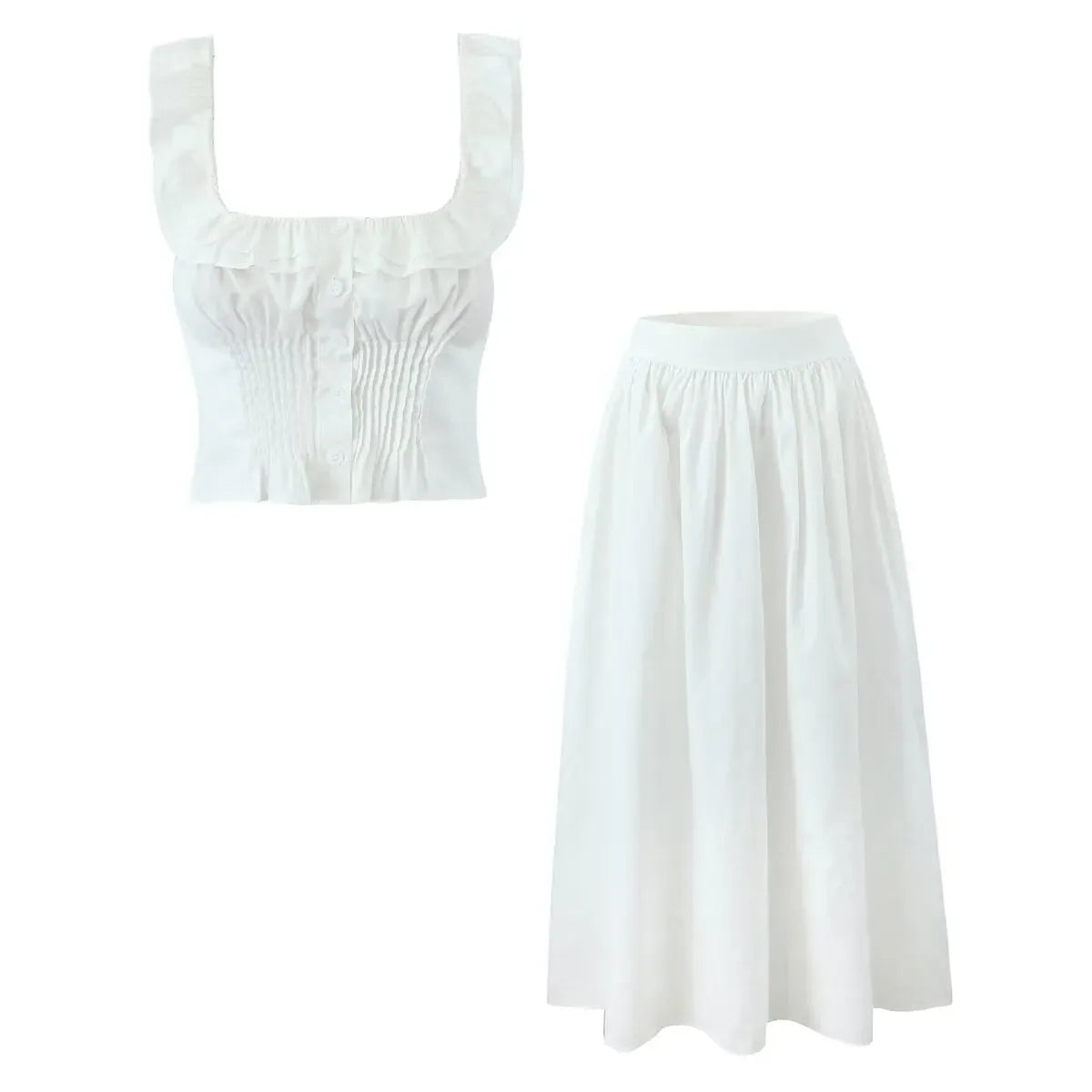 Summer Women White Cotton Dress Set 2025 Top+skirt 2 Pcs Outfit Ruffles Button Slim Top A-line Maxi Skirt Beach Casual Dress