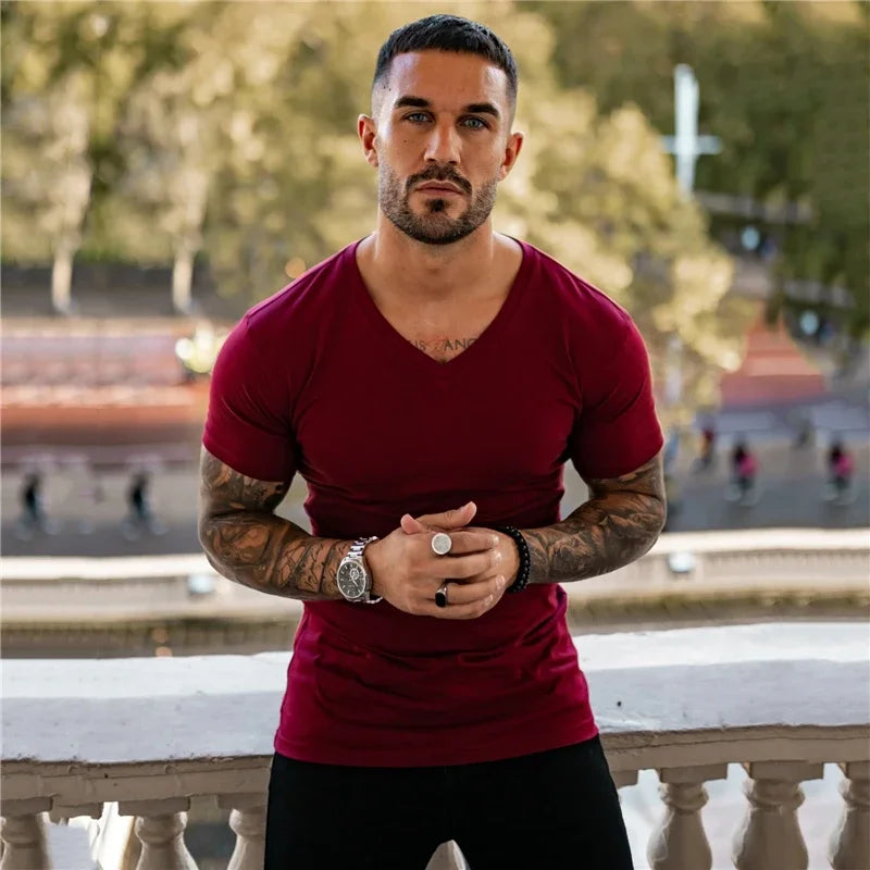 Hombres Moda Cuello V Manga Corta Fitness Ejercicio Verano Algodón Transpirable