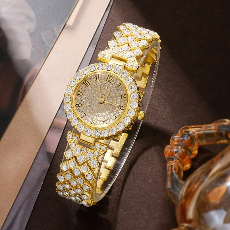 6-piece/set women's watch luxury rhinestone quartz watch gold fashion simulation watch and jewelry set