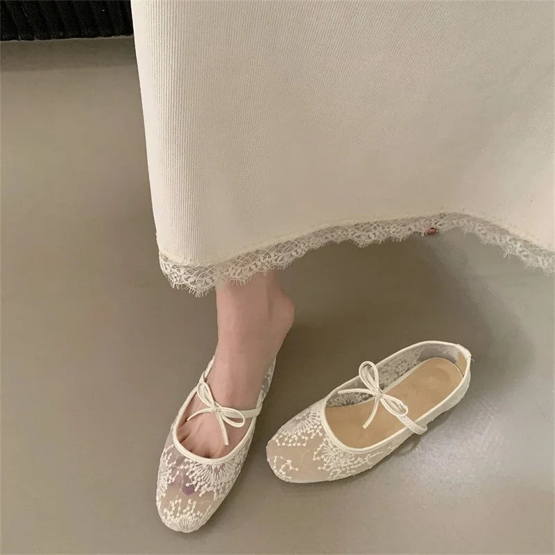 2026 Women Spring Summer Ballet Flat Shoes Breathable Mesh Embroidery Fashion Flats Lovely Bow Knot Female Daily Walking Sandals