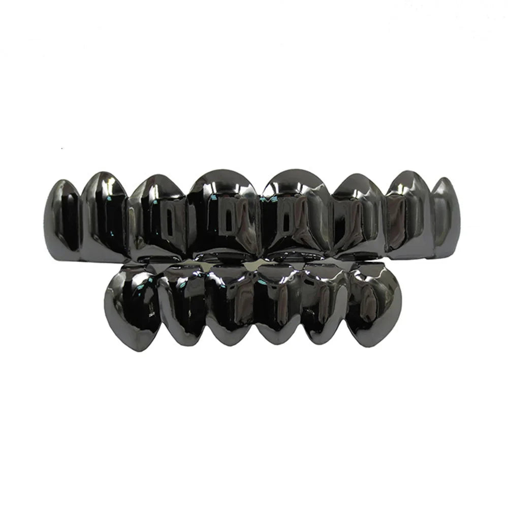 YOUNGX Top Bottom Smooth Black Color Teeth Grillz Braces Hip Hop Glossy Tooth Caps For Women Men Jewelry Wearable Dental Grills