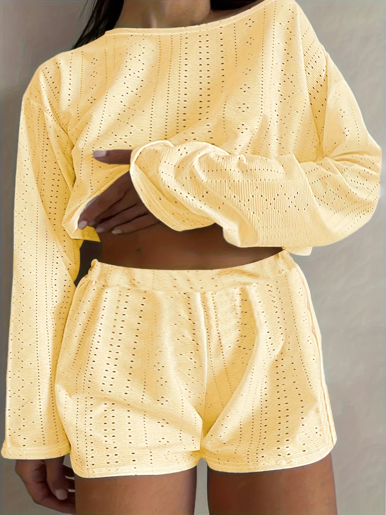 Plus Size Eyelet Long Sleeve Shorts Set