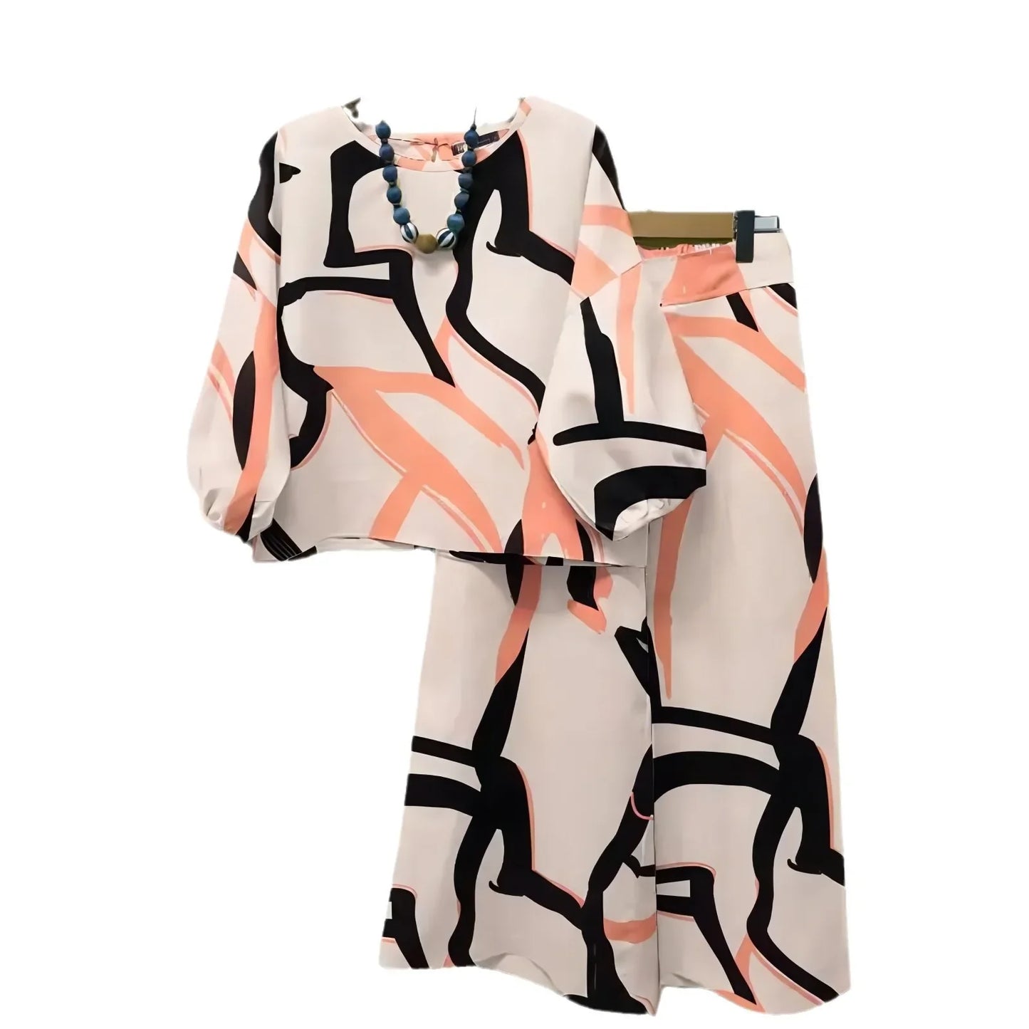 Print Suit Women Two Piece Pant Sets Long Sleeve Round Neck Tops Shirt Wide Leg Pants Loose Elegant Lady Bohemian Suits