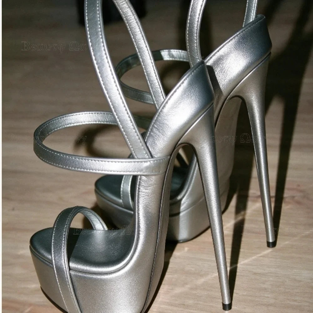 Gold Solid Platform Round Toe Shoes Cut Heel Sandals Women Shoes Ankle Band Spike High Heel Shoes for Girls Zapatos Para Hombres
