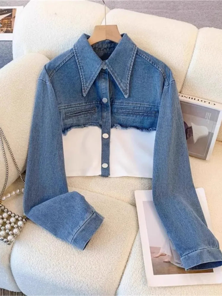 Blue Patchwork Pants Sets Women Fashion Long Sleeve Single-breasted Short Jacket Straight Trousers Two Piece Set Female New