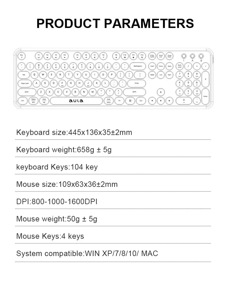 AULA Wireless Keyboard Mouse Combo 104 Keys Retro Round Keycaps Silent Typing 2.4G Ergonomic Office Gaming Set for PC Laptop