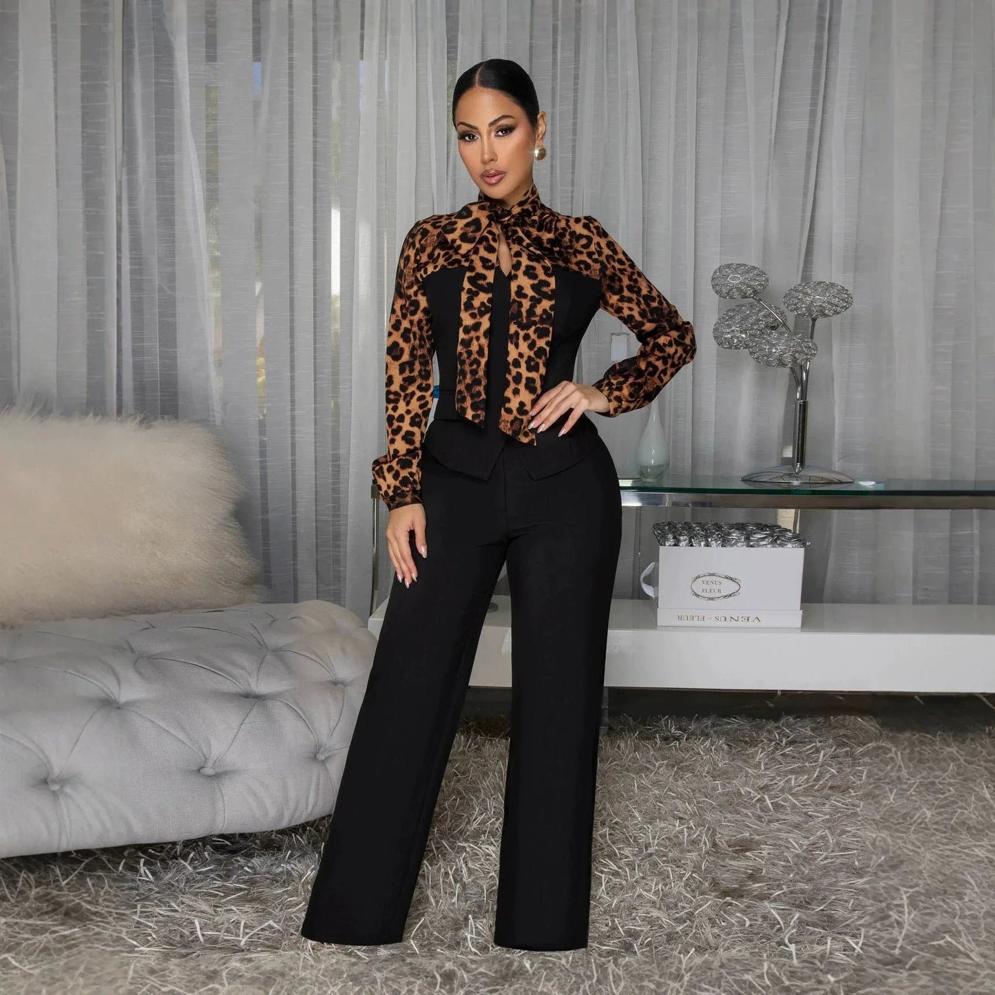 2 Pcs Women Chic Pants Suit Casual Leopard Patchwork Slim Top