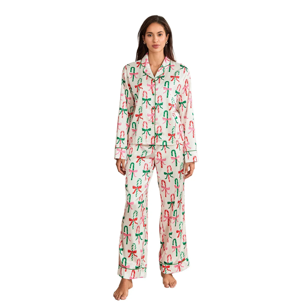 Women Christmas Pajamas Set Bow/Santa/Tree Print Long Sleeve Shirts Tops and Pants Sleepwear 2 Pieces Loungewear Suits