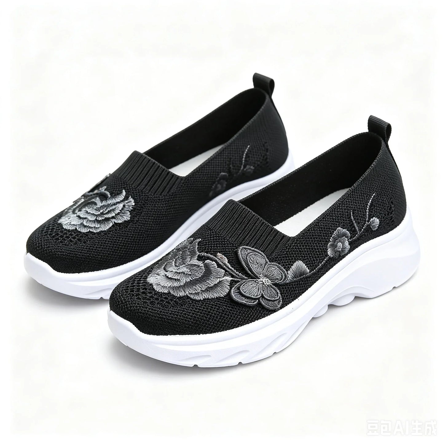 2026 Summer Women Breathable Knit Floral Embroidery Platform Loafers Slip On Walking Shoes Lightweight Soft Cushion Insole Anti Slip Wedge Sole Comfort Casual Daily Outdoor Travel Nurse Footwear Black Khaki Green Multiple Siz