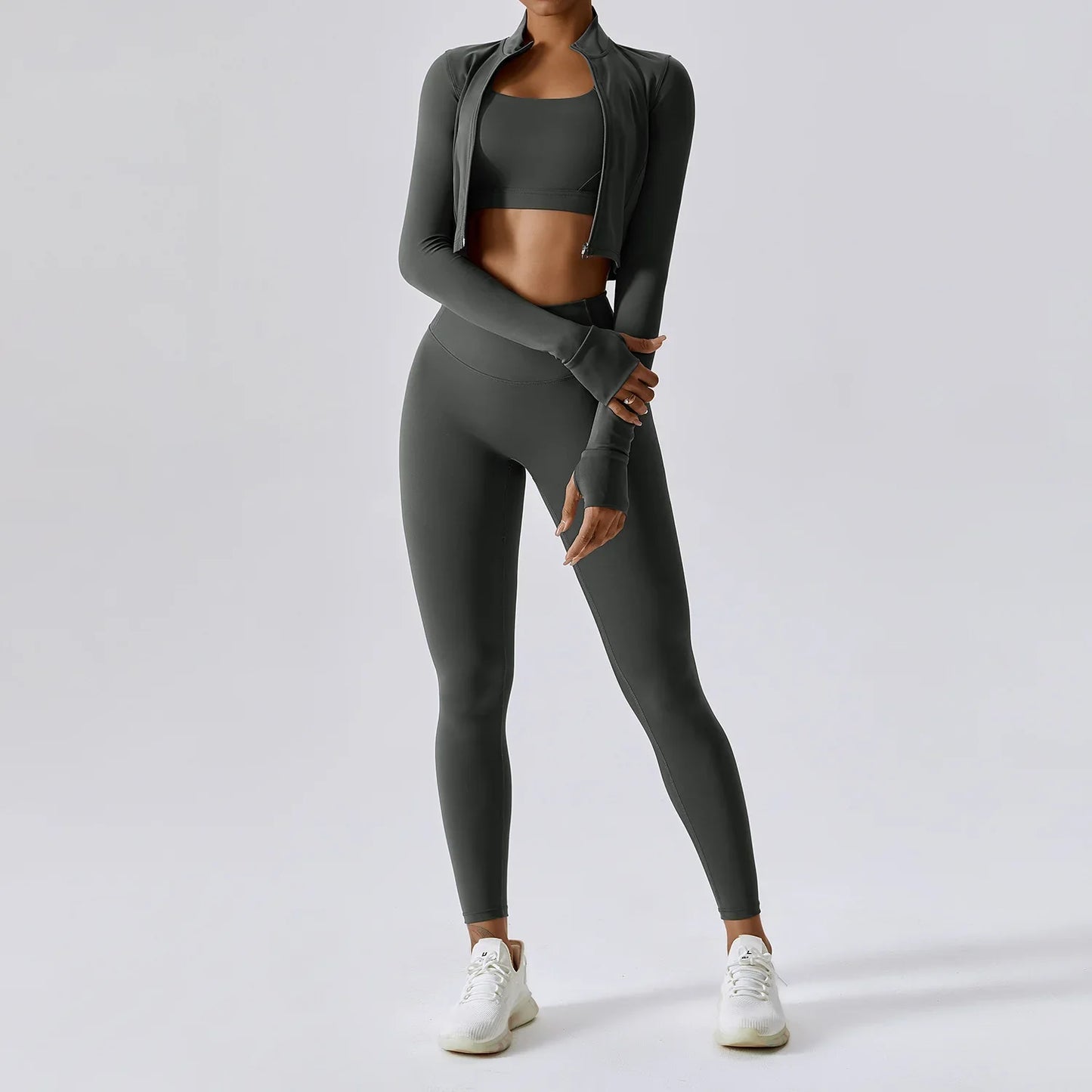 Conjunto Deportivo de 3 Piezas para Entrenar: Sujetador Deportivo, Leggings de Gimnasio de Tiro Alto y Manga Larga