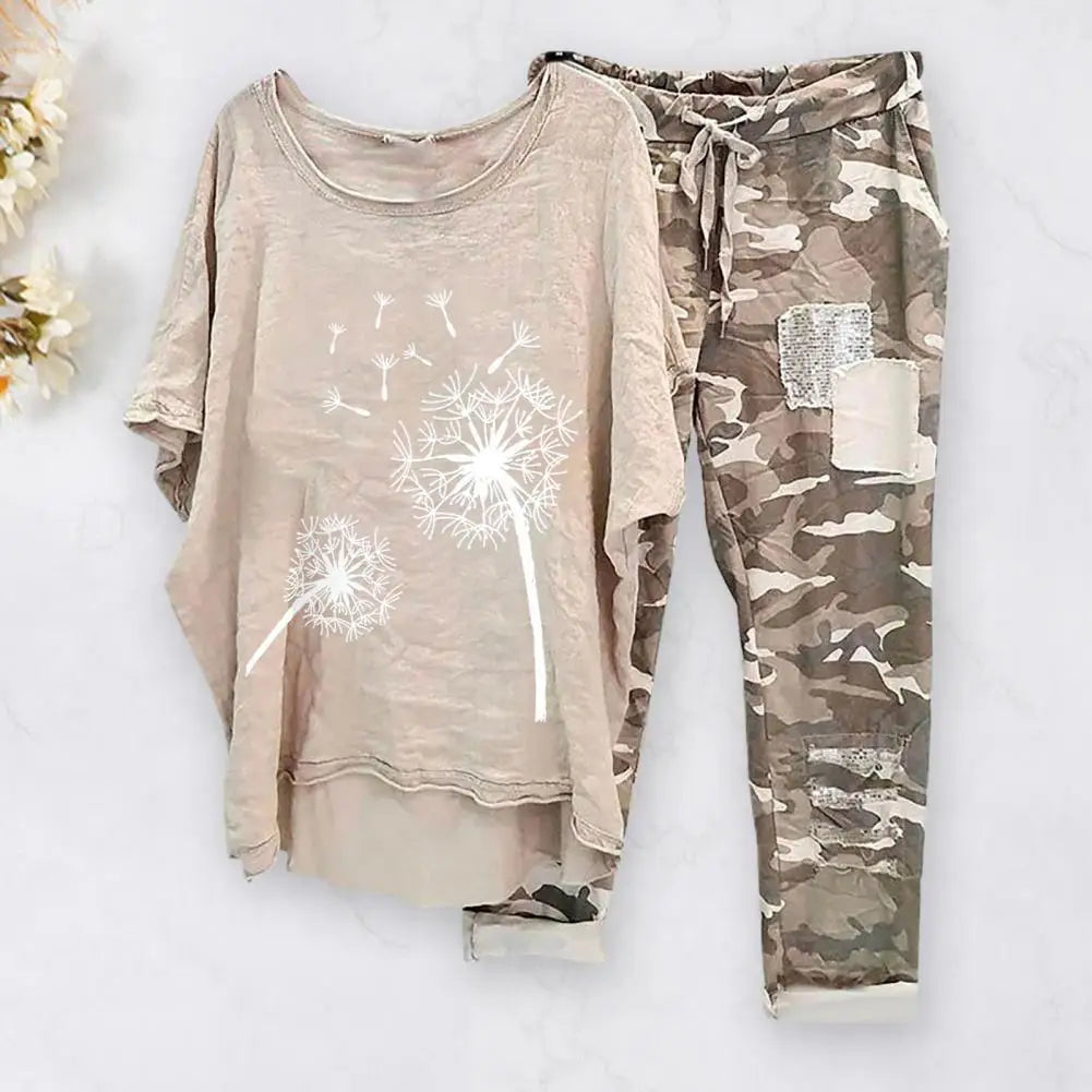 Womens Two Piece Camouflage Set Summer Outfits for Women Cotton Linen Suit 2023 Casual Print Short Sleeve Harajuku