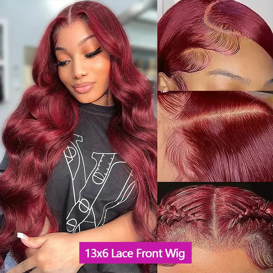 Peluca de ondas corporales, peluca frontal de encaje burdeos 13x4 13x6, peluca frontal de encaje HD 4x4, peluca de cabello humano pre-arrancado color rojo 99j.