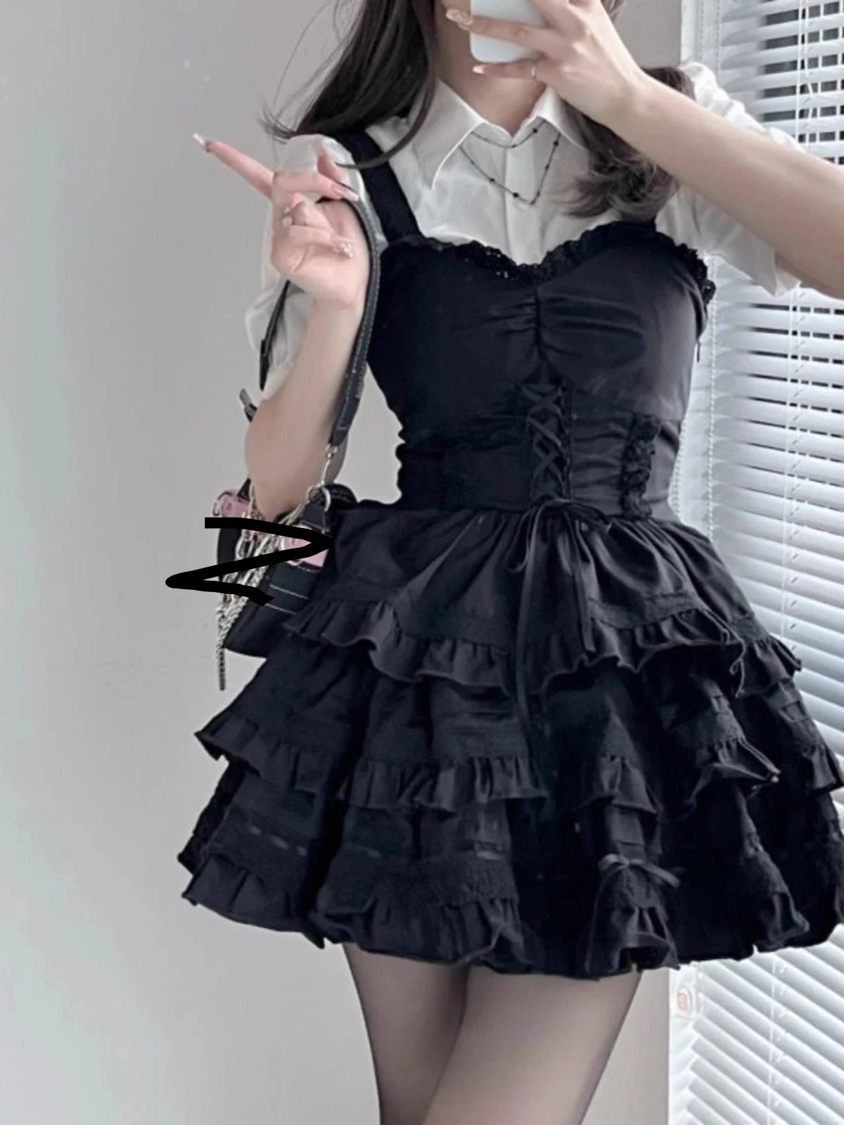 Large Size Cute White Turn-down Collar Short Sleeve Shirt Girl Black Ruffles Splicing Lace-Up A-line Cake Suspender Dress Sets
