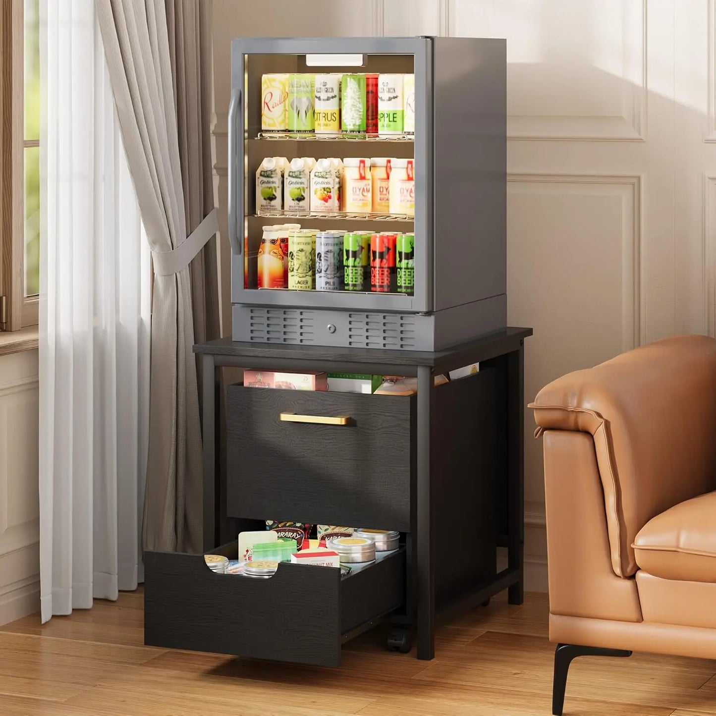 Mini Fridge Stand Freestanding Cabinet With Lockable Wheels