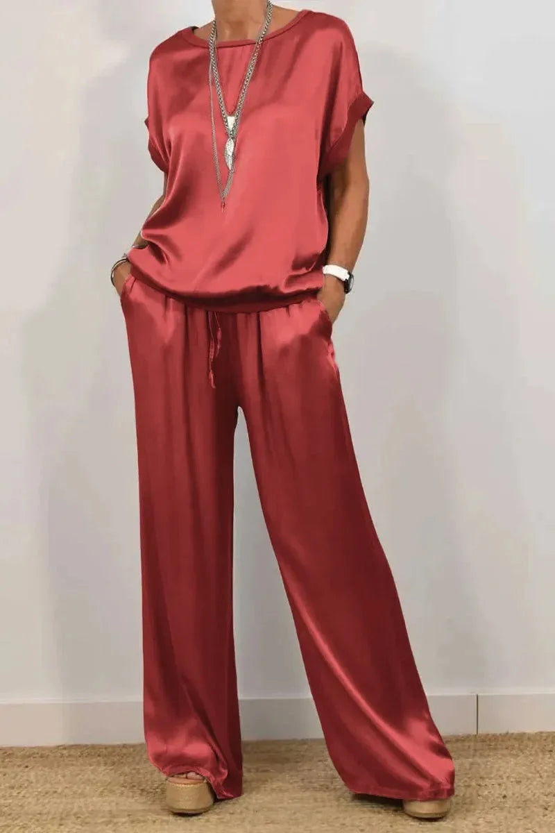Women's Satin Pants 2 Piece Set Summer Breathe Loose Short Sleeve Top Wide Leg Pants Casual Outfit Office Lady Elagant Set