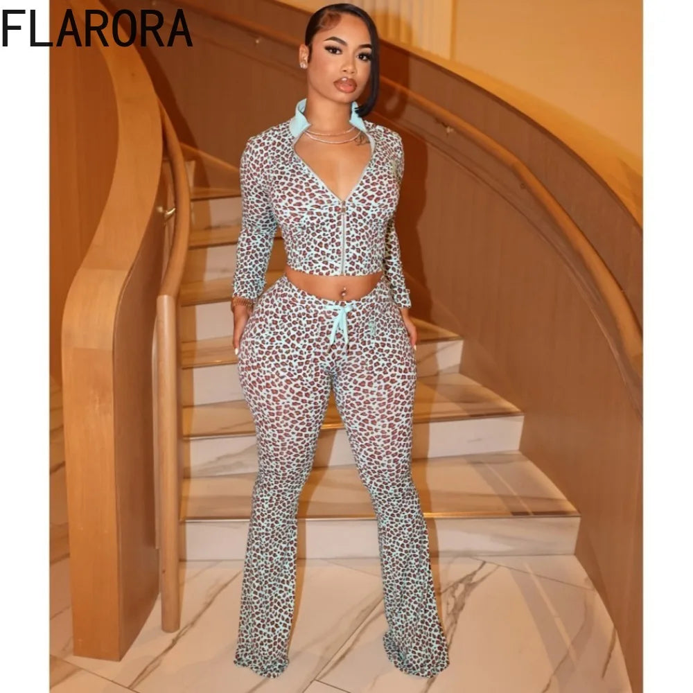 FLARORA Fashion Leopard Print 2 Piece Sets Woman Turtleneck Full Sleeve Slim Zip Jackets And Drawstring Flare Pants Street Suits