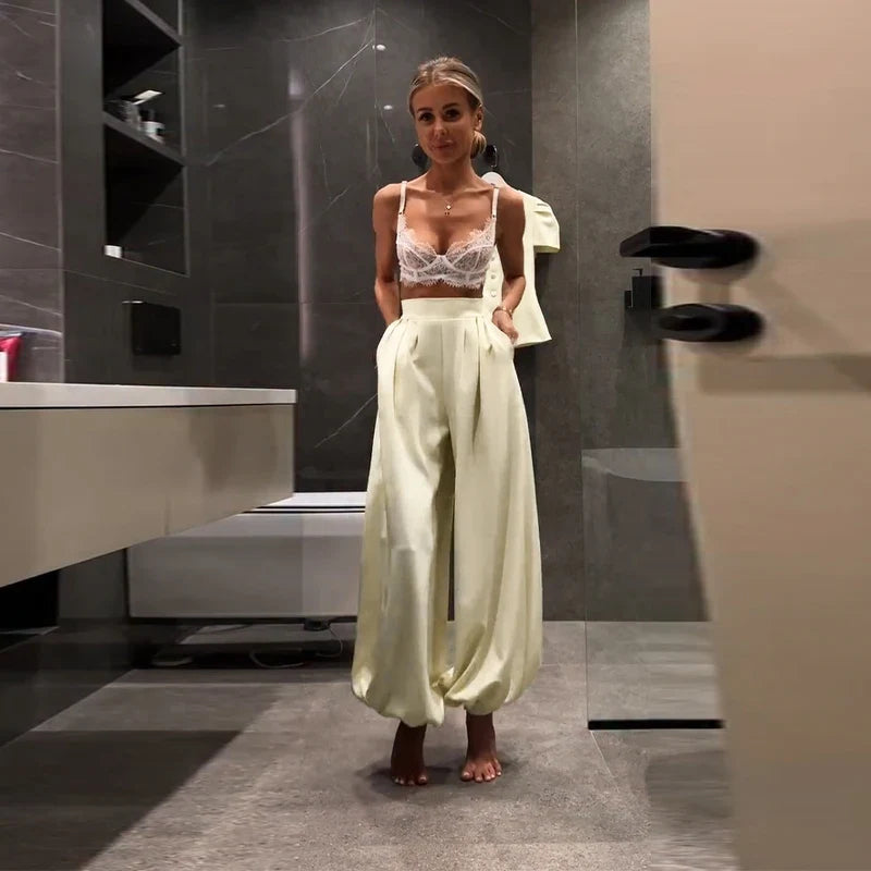 Casual Women's Waist Cinched Blazer Pants Set O-neck Puff Sleeve Shirts Loose Lantern Pant 2026 Summer Lady Chic Commute Suit