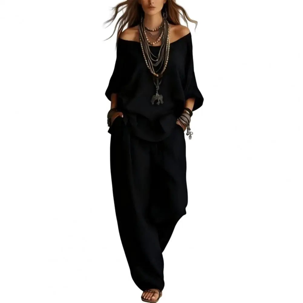 New Elegant Off Shoulder Sling Tops Long Pant Set Summer Women Casual Loose Sleeve Solid 2Pc Suits Fashion Draped Party Suits