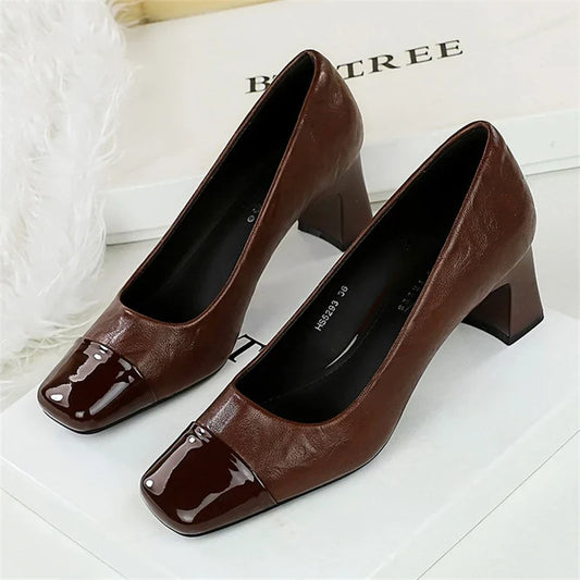 BIGTREE Fashion Patent Leather Women's Pumps Square Toe Stripper Elegant Party Vintage Spring Ladies Shoes Zapatos Mujer