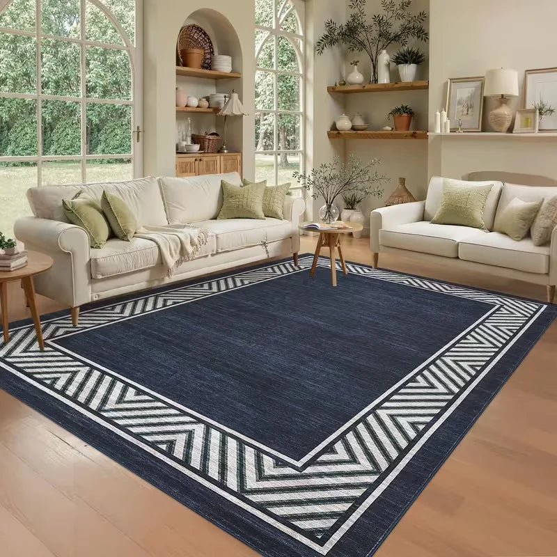 Navy Blue Area Rug Modern Geometric Border Print Carpet for Living Room Bedroom Non Slip Stain Resistant Foldable Accent Rug