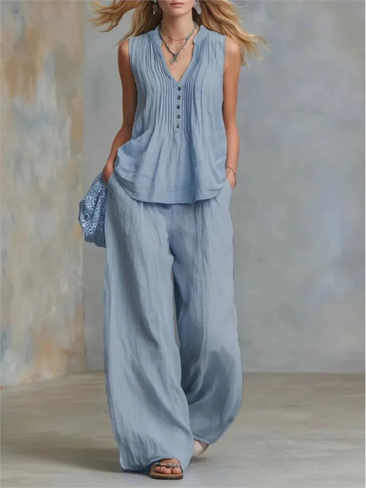 Fashion Pleated V-neck Sleeveless Women's Tops 2-piece Summer Casual Loose Wide-leg Trousers Female Elegant Office Trousers Set