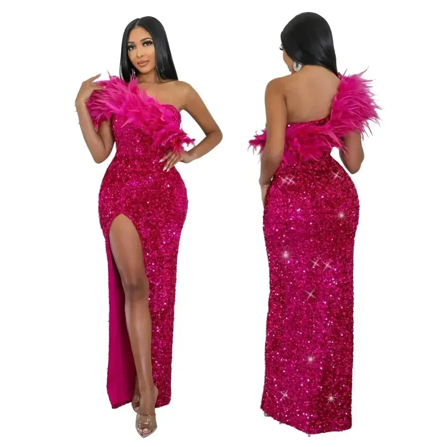 Vestido de Noche Largo con Abertura, Lentejuelas de Plumas de un Hombro, para Fiesta de Graduación, Elegante de Lujo para Celebridades, Club Nocturno, Vestidos Ajustados Sexys