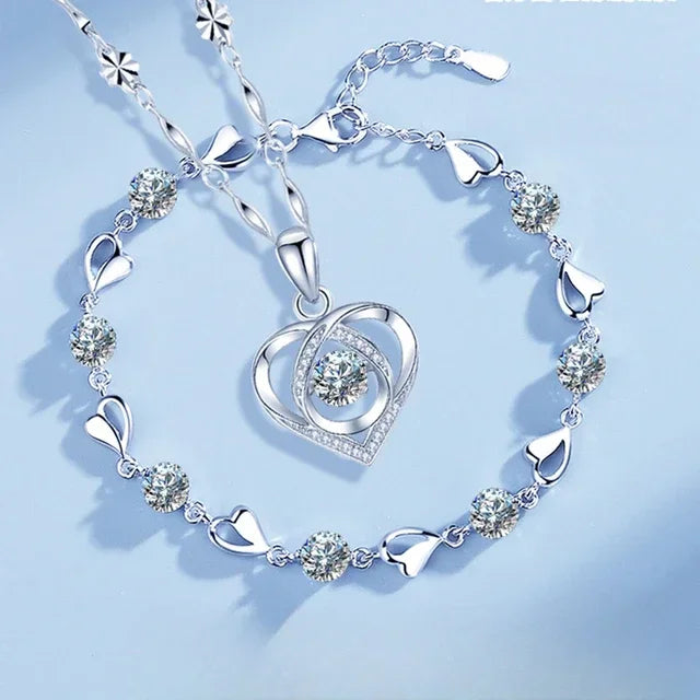 925 Sterling Silver Heart Shaped Necklace Bracelet Set for Women