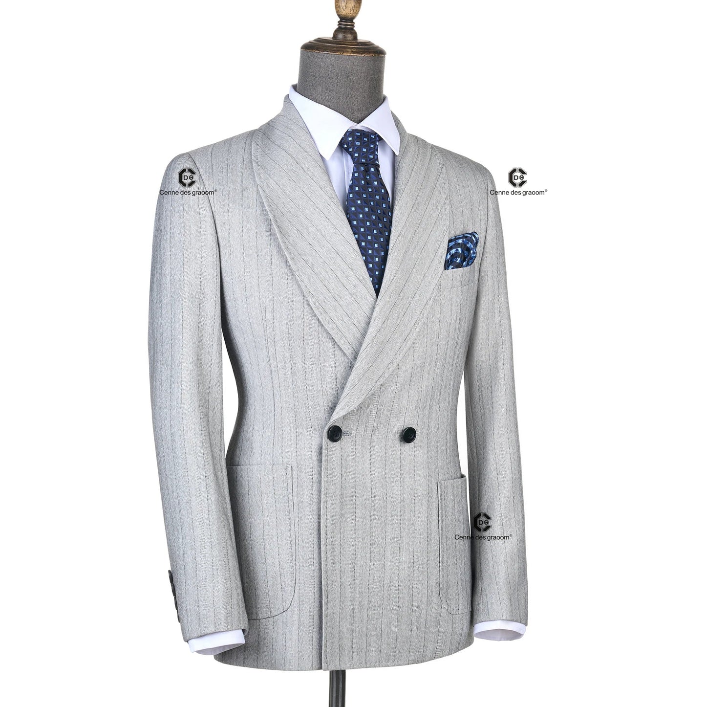 Cenne Des Graoom Light Grey Striped Double-Breasted Men Suits with