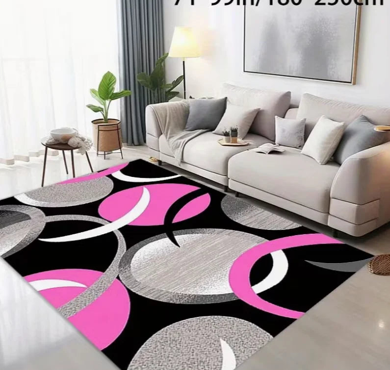 This Is a Large Area Rug with a Black Base Featuring a Geometric Pink Oval Texture Made of Golden Diamond Carpets