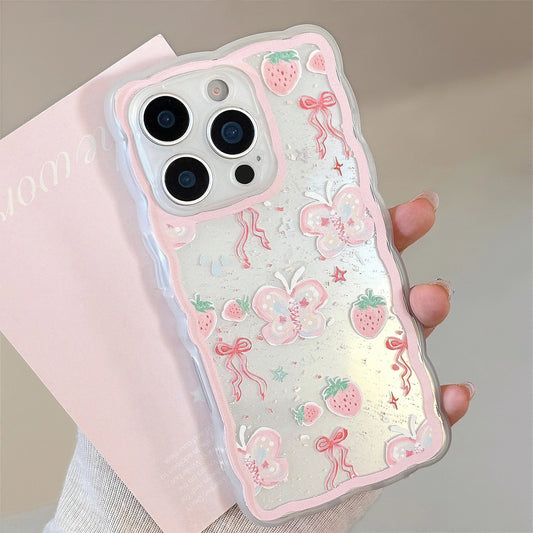 Korean Strawberry Butterfly Graffiti Wavy Phone Case For iPhone